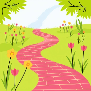 A winding brick pathway through a lush garden filled with flowers