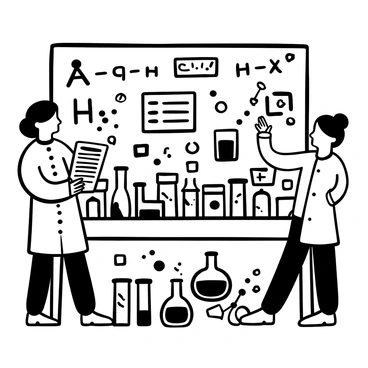 Two chemists in lab coats standing next to a cluttered lab table filled with various glass beakers and flasks. One chemist is holding a clipboard and gesturing towards a chart, while the other points at a beaker containing a bubbling liquid. Papers with handwritten notes are scattered across the table, and a large chalkboard in the background is filled with chemical equations and diagrams. Beakers and test tubes are arranged neatly, some containing colorful substances that create a visually interesting composition.