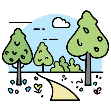 A forest landscape featuring tall trees with lush green leaves and textured bark. The scene includes a variety of trees, such as pines and oaks, casting shadows on the ground. A winding dirt path leads through the forest, with patches of colorful wildflowers on either side. Sunlight filters through the canopy, creating dappled light patterns on the forest floor. The sky is a soft blue with a few fluffy clouds, adding depth to the atmosphere.