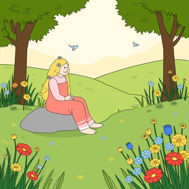 A hidden meadow filled with vibrant wildflowers in various colors, including red, yellow, and blue. The grass is lush and green, gently swaying in a light breeze. In the center of the meadow, there is a large, smooth stone where "Aschenputtel" sits, her delicate dress flowing around her. She has light skin and long, flowing golden hair adorned with small flowers. Birds fly gracefully above her, and butterflies flutter around the colorful blooms. A soft, warm sunlight filters through the leaves of nearby trees, casting gentle shadows on the ground. The scene evokes a sense of tranquility and beauty in nature.