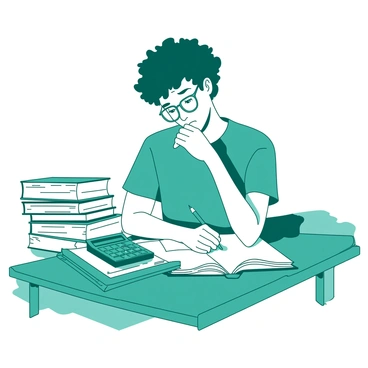 A white student with curly hair sits at a teal desk, looking puzzled while staring at an open math textbook. The student is wearing glasses and has a pencil in hand, tapping it against their chin in thought. Beside the textbook, there is a shiny teal calculator displaying numbers. Several other closed books are stacked neatly on one side of the desk. The room is softly lit, casting gentle shadows across the desk's surface.
