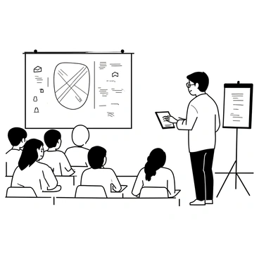 An accomplished illustrator is standing at the front of a lecture hall, addressing a group of attentive students. The illustrator is holding a sketchpad and a pencil, demonstrating a drawing technique. The classroom is filled with rows of wooden desks, and students are seated, some taking notes while others are watching intently. The walls of the lecture hall are adorned with various illustrations and art pieces, enhancing the learning environment. The illustrator is wearing a casual shirt and jeans, with glasses perched on their nose. A projector screen is displaying a large illustration as a visual aid.