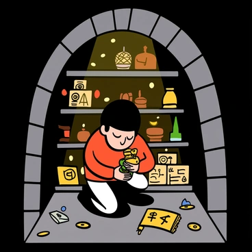 A young boy with light skin and dark hair wearing a red and white school uniform is carefully examining ancient artifacts inside a hidden school vault. The vault is dimly lit, featuring shelves filled with various historical objects. Hanako-kun is crouched down, holding a small, ornate vase in both hands, inspecting its intricate design. Around him, there are scattered scrolls and glowing crystals, creating an atmosphere of mystery and discovery. The walls of the vault are lined with ancient symbols and dust motes float in the air, illuminated by a beam of light.
