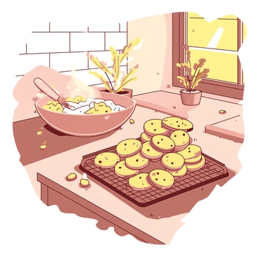 A warm kitchen is filled with soft, inviting light. On a wooden countertop, there is a square metal cooling rack stacked with a batch of golden-brown cookies, their edges slightly crisp and the centers soft. The cookies are arranged neatly, and a few are still slightly steaming. In the background, a bowl filled with cookie dough sits beside a mixing spoon, and there are scattered flour and chocolate chip pieces around the countertop, adding to the cozy atmosphere. A potted plant sits on the windowsill, allowing sunlight to filter through the leaves.