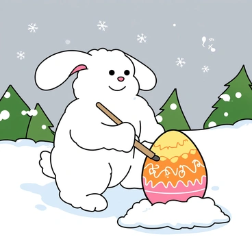 An Osterhase in a snowy landscape, painting Easter eggs with frosty patterns