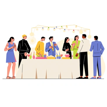 A dinner party scene featuring several guests mingling, all seen from the back. The guests wear elegant clothing, with some in dresses and others in suits. They stand and chat around an elaborately set table laden with food, showcasing various dishes and drinks. The table is adorned with colorful decorations, including candles and flowers. In the background, there are soft lights hanging overhead, creating a warm atmosphere for the gathering. The guests are positioned in groups, interacting with each other, with some turning slightly to engage in conversation.