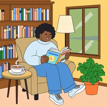 A midwife with medium skin and curly dark hair is sitting in a cozy library corner, surrounded by wooden bookshelves filled with various books. She is wearing a pale blue sweater and comfortable jeans. The midwife is holding an open pregnancy book with colorful illustrations, intently reading. A soft, warm light from a nearby lamp illuminates her face, casting a gentle glow. There is a plush armchair beneath her, and a small round table beside her holds a steaming cup of tea and a few more pregnancy books stacked on top of each other. A vibrant green potted plant sits on the windowsill, adding a touch of nature to the inviting space.