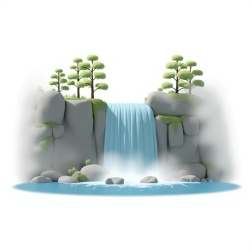 A majestic waterfall, with clear blue water, cascading down a rocky cliff that is covered with green moss and small plants. The waterfall creates a spray of mist at the base, where the water crashes onto large, smooth stones. The surrounding area features several tall, lush trees with bright green leaves, partially shrouded in mist, adding a sense of depth and vibrancy to the scene. Sunlight filters through the foliage, creating a sparkling effect on the water as it flows down the cliff.