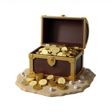 An open treasure chest made of dark wood with gold trim, displaying intricate carvings on its surface. The chest is overflowing with sparkling coins in various sizes and shapes, reflecting light in shades of gold and silver. Some coins are stacked neatly, while others are spilling out onto the ground. The background features hints of a sandy beach and some scattered seashells, adding to the treasure's allure.