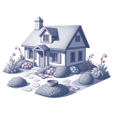 A quaint cottage with a thatched roof and wooden shutters. The structure has a stone chimney and a front porch adorned with rustic furnishings. Surrounding the cottage is a garden teeming with lush greenery. There are numerous "bleeding heart plants" with heart-shaped flowers arching gracefully. The garden layout includes stone pathways that meander through the foliage, leading to various clusters of flowers and plants. The scene is filled with intricate details like garden tools resting on the ground and a birdbath nestled among the blooms.