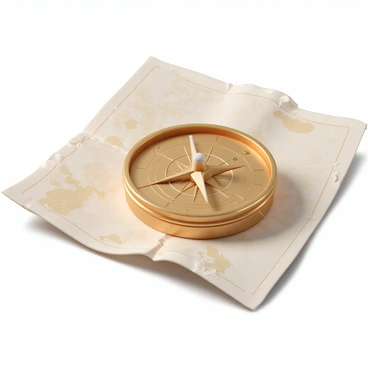 A vintage golden compass, featuring intricate engravings on its surface, with a spinning needle at its center that points decisively. The compass is resting on an old, weathered map that displays faded geographical features and markings. The map has a slightly worn texture, with creases and yellowed edges, giving it an ancient appearance. Soft light reflects off the shiny surface of the compass, highlighting its elegant design against the backdrop of the map.