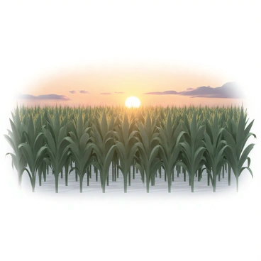 A vast cornfield, with tall green stalks reaching high into the sky, swaying gently in the breeze. The sun is setting on the horizon, casting a warm golden glow over the landscape. The sky is painted in shades of orange, pink, and purple, creating a stunning backdrop for the field. The corn stalks create a sea of green that undulates with the wind, while the sunlight highlights the textures of the leaves. Shadows stretch across the ground, enhancing the depth of the scene.