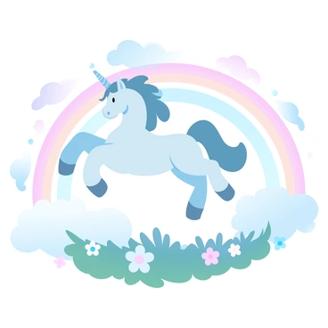 A unicorn with a flowing mane and a shimmering horn is galloping across a vibrant rainbow that stretches across the sky. The unicorn is surrounded by fluffy clouds that are tinged with pastel colors. Below the rainbow, a lush green landscape is visible, dotted with whimsical flowers in various shades. The sky is filled with soft gradient colors, blending harmoniously to create a dreamlike atmosphere.