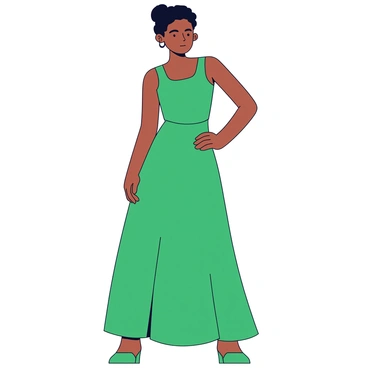 A model wearing an elegant emerald green dress. The dress has a fitted bodice with a flowing skirt that cascades to the floor. The model is striking a confident pose with one hand on her hip and the other gently resting at her side. The backdrop is simple and uncluttered, allowing the focus to remain on the model and her attire. The lighting is soft, highlighting the rich color of the dress.