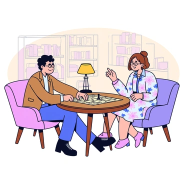 A vintage-styled room with wooden floors and soft, muted wallpaper. In the center, a round table holds a backgammon board with intricate designs. Two people are seated across from each other, one is a man wearing a tweed jacket and glasses, and the other is a woman dressed in a floral dress, both focused on their game. A decorative lamp with a warm amber glow sits on a side table nearby. In the background, a plush armchair and a bookshelf filled with old books add to the cozy atmosphere of the room.