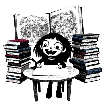 A cartoon character with exaggerated features is sitting at a small, round table. The character is surrounded by various colorful and whimsical fairy tale books stacked around them. They are holding a pencil and sketching on a large piece of paper in front of them, focused on capturing a scene from a fairy tale. The character has a playful expression, with big eyes and a wide smile. In the background, there are illustrations of castles, dragons, and magical creatures seen in the open books, hinting at the stories being drawn. The character's playful demeanor contrasts with the enchanting scenes they are illustrating.