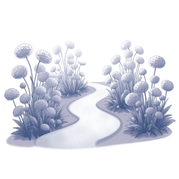 A garden path meandering through a lush landscape. The path is bordered on both sides by clusters of "flannel flowers," characterized by their distinctive soft, fuzzy petals. The flowers stand tall and vibrant, creating a picturesque scene. Each side of the path features an abundance of these flowers, adding a sense of symmetry and balance to the garden setting. The overall composition invites viewers to imagine walking through this serene space.