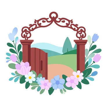 A wooden garden gate stands in the foreground, intricately designed with ornate details. Surrounding the gate are vibrant flowers in various shades, creating a colorful border. The flowers include blooming roses, daisies, and tulips, with lush green leaves contrasting against the petals. Beyond the gate, a serene garden scene unfolds, featuring soft rolling hills and gentle trees in the distance. The overall composition conveys a charming and inviting atmosphere.
