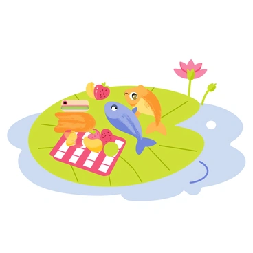 A large green lily pad floating on serene water serves as the setting for the scene. On the lily pad, there are three cute fish with vibrant colors: one has orange scales, another has blue scales, and the third has yellow scales. The fish are gathered around a small red and white checkered picnic blanket. On the blanket, there are various colorful fruits like red strawberries, yellow bananas, and green apples arranged neatly. One of the fish is playfully nibbling on a strawberry while another seems to be staring curiously at a tiny sandwich. In the background, there are soft ripples in the water and a few pink water lilies blooming nearby.