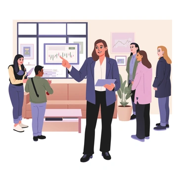 A real estate broker is standing in a beautifully staged living room during an open house. The broker, a woman with medium skin and shoulder-length brown hair, is wearing a tailored navy blazer over a white blouse and dark trousers. She is holding a tablet in her left hand while pointing to a chart on the screen with her right hand. The chart displays various interest rates, illustrated with colorful lines and numbers. Several potential home buyers are gathered around her, showing diverse appearances and wearing casual clothing. A large window in the background lets in natural light, illuminating tasteful furniture and decor in the room, such as a cozy sofa, elegant artwork on the walls, and a stylish coffee table.