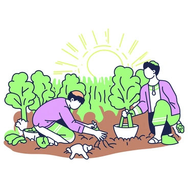 A group of farmers is harvesting turmeric roots in a sunlit field. They are kneeling on the ground, carefully digging up the turmeric plants with their hands and tools. The farmers are dressed in traditional clothing, featuring bright patterns that contrast with the earthy tones of the soil. Surrounding them, lush green foliage and rows of vibrant turmeric plants are visible, with some roots partially exposed above the soil. The sun casts long shadows across the field, highlighting the hardworking expressions on the farmers' faces as they collect the roots in baskets nearby.