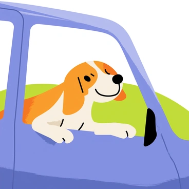 A beagle with a brown and white coat is sitting in the backseat of a car, with its head out of the window. The dog's long ears are flapping in the wind, creating a joyful expression on its face. Bright sunlight is shining down, highlighting the dog's features and the movement of its fur. The car is a blue sedan, and the background shows a blurred green landscape, indicating speed.