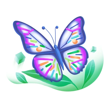 A close-up view of a butterfly with wings showcasing intricate DNA patterns in vibrant colors. Each wing features a unique design resembling the double helix structure of DNA, with swirling lines and colorful sequences that mimic genetic coding. The butterfly is perched on a leaf, surrounded by soft greenery. Delicate light filters through the leaves, highlighting the detailed patterns on the wings, creating a striking visual contrast with the natural setting.