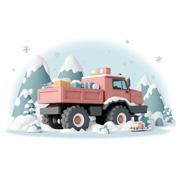 A large truck is parked on a snowy landscape, outfitted with rugged, reinforced tires and a bright red exterior. The truck has a large cargo area filled with supplies for a polar expedition, including sleds and winter gear. Snowflakes are gently falling around the scene, creating a serene atmosphere. In the background, there are tall, icy mountains and scattered evergreen trees, dusted with snow. The sky is a pale blue, reflecting the cold winter air, while a few distant icicles glisten in the sunlight, emphasizing the chilly Christmas backdrop.