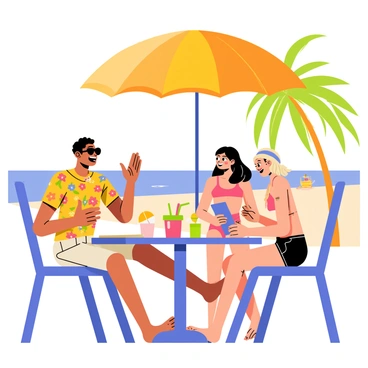 A group of three vacationers sitting at a round table under a large orange umbrella at a beach resort. The table is adorned with tropical drinks featuring colorful straw hats. One vacationer, a man wearing sunglasses and a bright floral shirt, gestures animatedly while discussing a "refer-a-friend holiday deal." The second vacationer, a woman in a pink swimsuit with a sun hat, is leaning in, listening intently with a smile. The third vacationer, a young woman with beach waves in her hair, is taking notes on a tablet. The background shows clear blue skies, palm trees swaying gently, and a sandy beach with people relaxing in the distance.