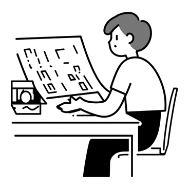 A photographer, wearing a white shirt and black pants, is seated at a wooden studio desk. They have short hair and are focused on analyzing a series of "black and white pictures" spread out in front of them. The desk is cluttered with photography equipment, including a camera and a notepad. A soft light source illuminates the scene, highlighting the texture of the photographs and the concentration on the photographer's face.