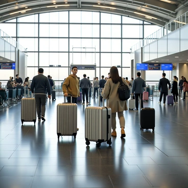 A busy airport terminal filled with travelers moving through the space. There are several people of different ethnicities, some wearing casual clothing while others are dressed for business. Each traveler is rolling their "Rimowa" suitcases, shiny and metallic in appearance, across the sleek tiled floor. The terminal features large glass windows, allowing sunlight to pour in, illuminating the hustle and bustle. In the background, there are digital display boards showing flight information. Several security checkpoints and seating areas can be seen, as more passengers wait in line and others relax.