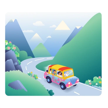 A colorful jeepney is driving along a narrow mountain road surrounded by lush greenery. The jeepney is adorned with vibrant designs and has open windows, showing passengers enjoying the ride. In the background, steep mountains rise up, their peaks partially covered in mist. The sky is a soft blue with scattered white clouds. To the left, there are rocky cliffs dotted with wildflowers, adding splashes of color to the landscape. The road winds gently, revealing breathtaking scenic views of valleys below.