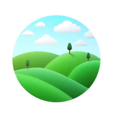 A landscape of rolling hills covered in lush green grass. The hills are gently undulating, with varying shades of green. A cloud-filled sky stretches overhead, with fluffy white clouds scattered throughout. A few sparse trees are interspersed across the hills, their branches reaching upwards. The scene captures a tranquil, open space with a sense of natural beauty.