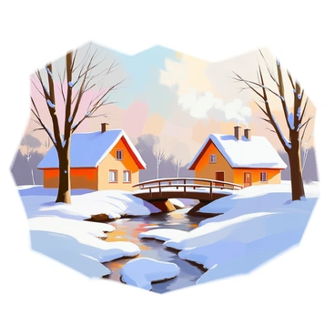 A quiet village blanketed under the first snow of the season. Snow covers the rooftops of small, quaint houses, creating a uniform white landscape. A gentle layer of snow rests on the branches of nearby trees, their dark trunks contrasting against the white backdrop. Footprints in the snow lead towards a small wooden bridge that crosses a frozen stream. Smoke rises lazily from chimneys, hinting at warmth and activity inside the homes. The scene is tranquil, with only the soft crunch of snow underfoot breaking the silence, as the soft light of dawn illuminates the peaceful setting.