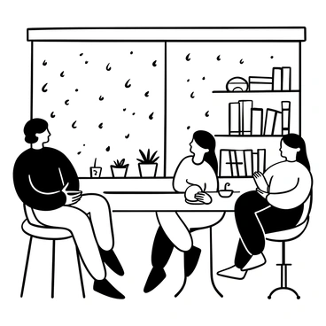 Customers sitting inside a cafe, watching raindrops on the window