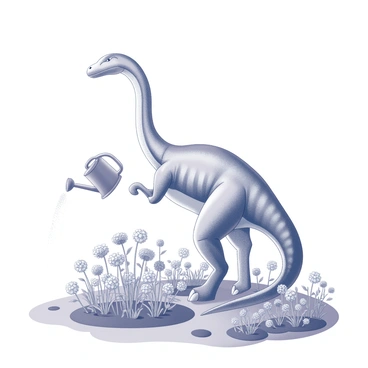 A dinosaur standing in a garden, using a watering can to water the plants. The dinosaur is large and has a long neck, resembling a brachiosaurus. The watering can is held firmly in one of its front limbs, while the other limb is poised near a cluster of flowers. The flowers are abundant and varied, with distinct shapes and sizes. The garden setting includes well-defined soil patches, and the dinosaur is surrounded by the vibrant blooms as it cares for the plants.