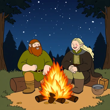 Gimli, a stout dwarf with a braided brown beard and wearing a green tunic, is sitting on a log next to Legolas, an elegant elf with long blonde hair tied back and dressed in a dark cloak. They are both laughing joyfully, their expressions full of camaraderie. A crackling campfire is in front of them, casting warm orange and yellow light that contrasts against the dark blue of the starlit sky above. The stars twinkle brightly, creating a magical atmosphere. In the background, there are silhouettes of tall trees, and a gentle breeze rustles the leaves. A few small logs and a cooking pot are nearby, hinting at their evening meal.