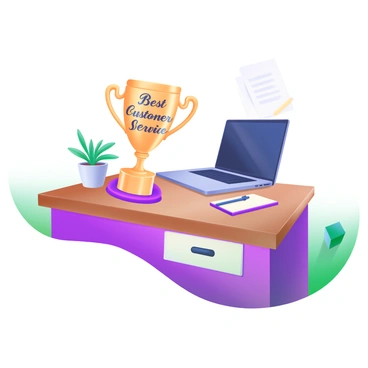 A modern pastel illustration of a polished wooden desk featuring a shiny gold trophy. The trophy is prominently displayed, engraved with the words "Best Customer Service" in elegant script. Surrounding the trophy are various office items, including a sleek laptop, a notepad with a pen, and a small potted plant. The overall scene conveys a professional and inviting workspace.
