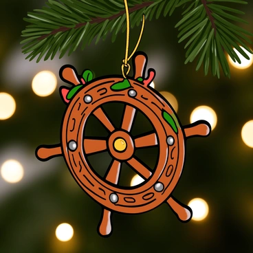 A miniature ship wheel made of polished wood, crafted into a decorative holiday tree ornament. The ornament features intricate carvings and tiny metal accents that resemble a classic ship's wheel. It is adorned with vibrant red and green ribbons, adding a festive touch. The ornament hangs from a golden string, glinting in the light. In the background, softly blurred pine branches and twinkling fairy lights create a warm holiday atmosphere.