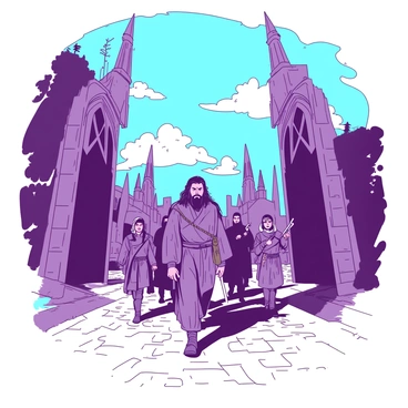 A tall figure resembling "Aragorn" stands at the forefront, leading a group of travelers through the massive, intricately designed gates of a "medieval city." The gates are adorned with ornate carvings and towering spires, casting long shadows on the cobblestone path below. The sky overhead is a vibrant shade of blue, contrasting with the earthy tones of the stone walls. Behind Aragorn, several companions of varying appearances follow closely, with expressions of determination. They are dressed in various medieval attire, carrying weapons and supplies. The atmosphere is filled with anticipation as they prepare to enter the bustling city beyond the gates.