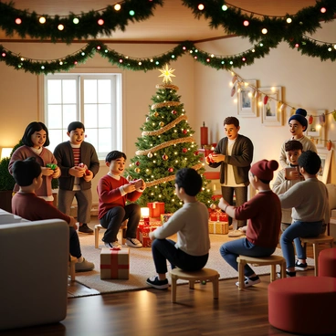 A festive holiday scene set in a warmly lit room. Colorful decorations adorn the walls and ceiling, including garlands of evergreen and bright string lights twinkling in various colors. In the center of the room, a large Christmas tree is beautifully decorated with ornaments, tinsel, and a shining star on top. Groups of people, dressed in cozy winter attire, are joyfully exchanging gifts with smiles on their faces. Some individuals are wrapping presents while others are gathered around the tree, creating a vibrant atmosphere filled with holiday spirit and excitement.