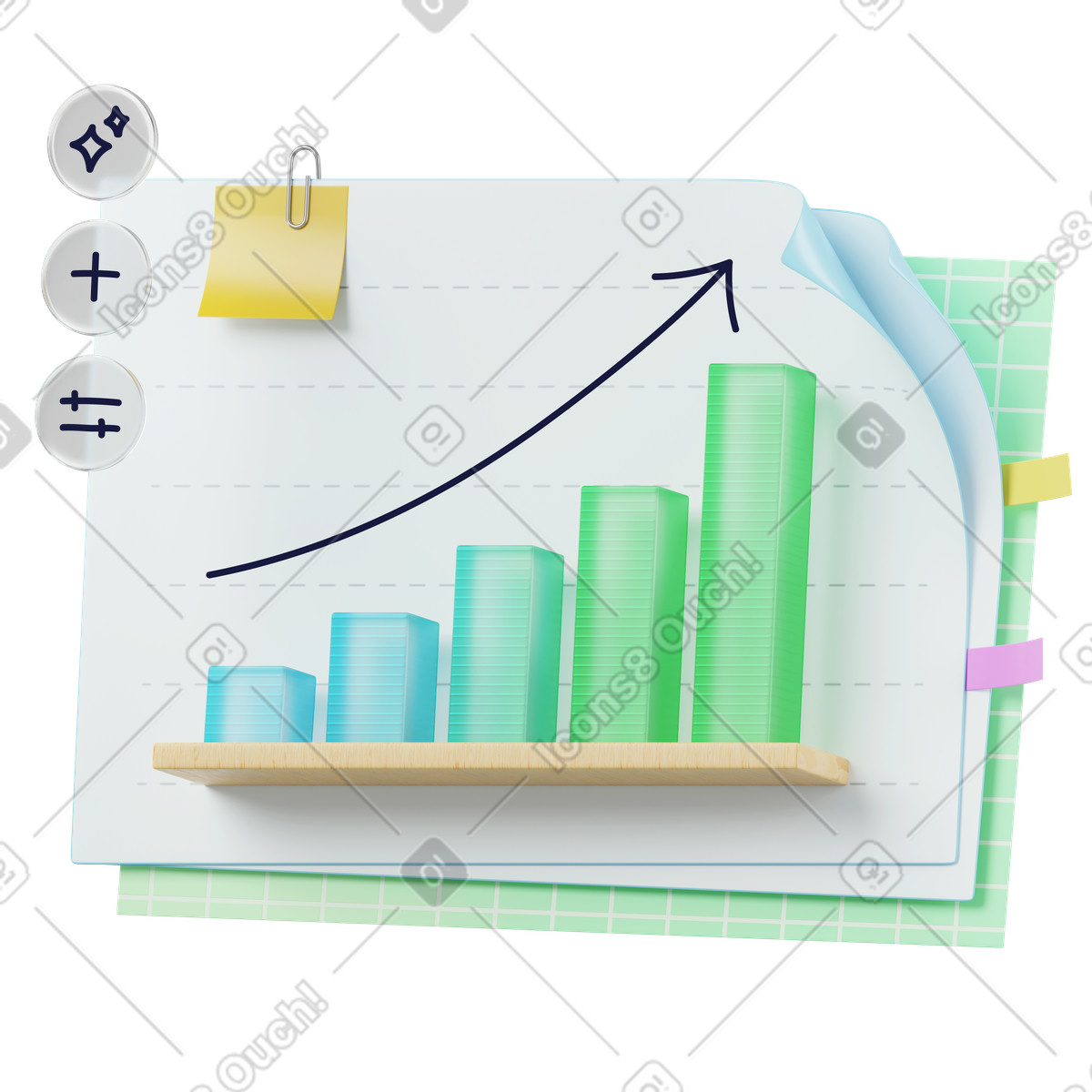 Illustration animée Graphique à barres de croissance sur papier rapport, et analyse financières dans le style 3D Surfaced télécharger aux formats GIF, Lottie (JSON), AE