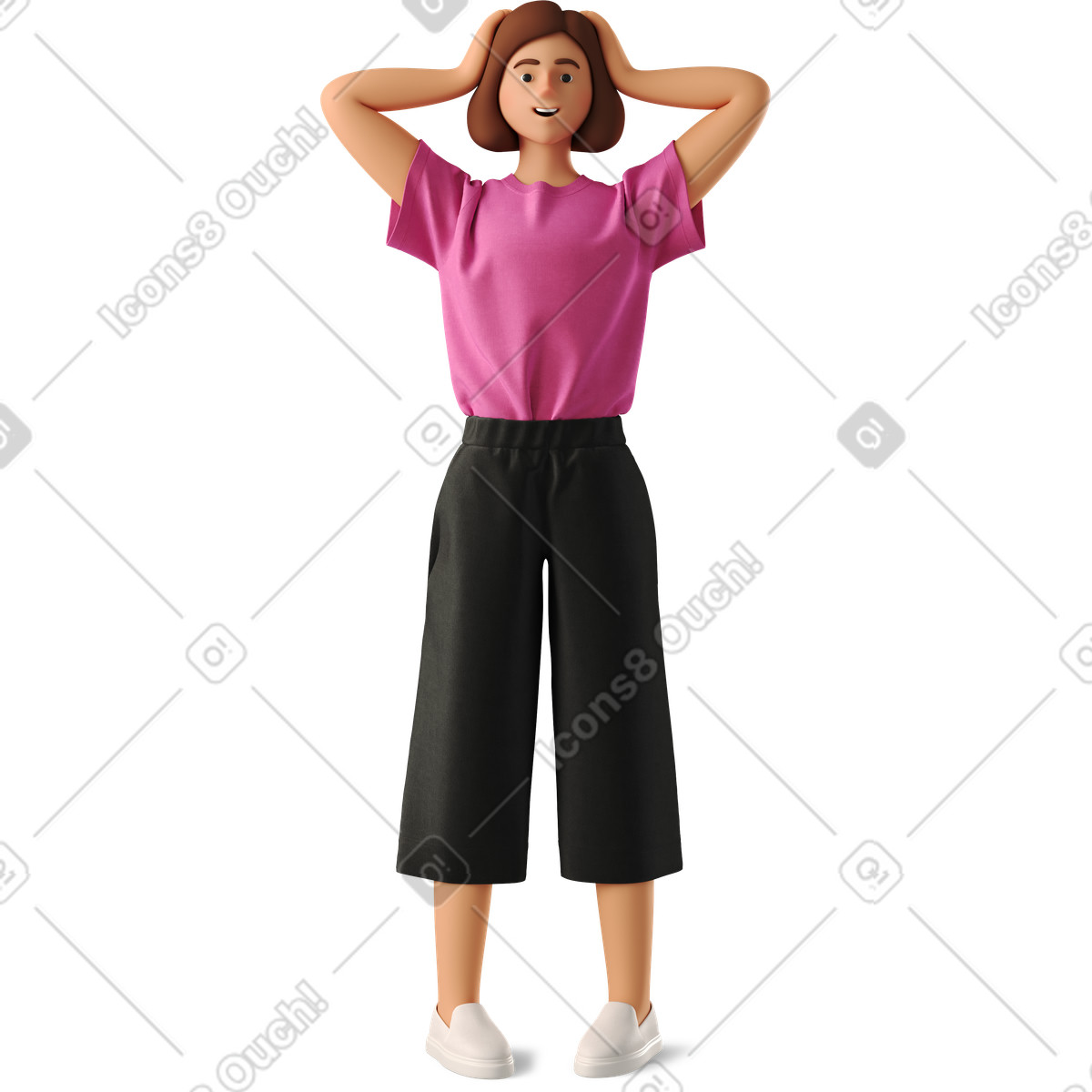 Ilustración Young woman standing and holding her head en estilo 3D Business a descargar en PNG y SVG