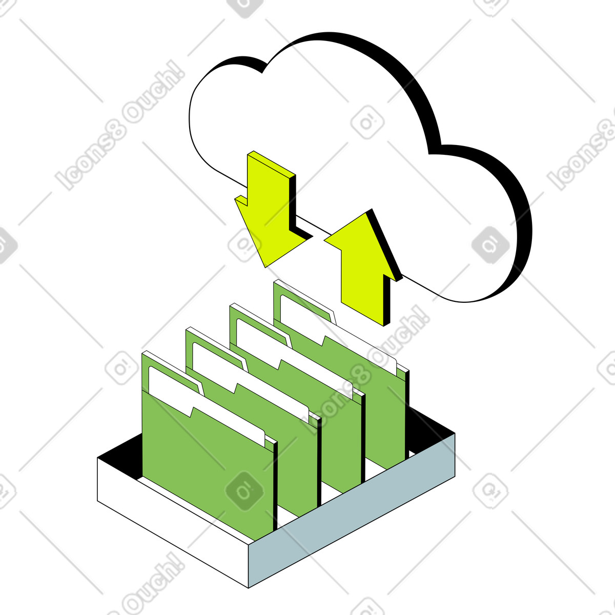 Illustration Synchronisation des données avec le stockage cloud dans style Isometric à télécharger aux formats PNG, SVG