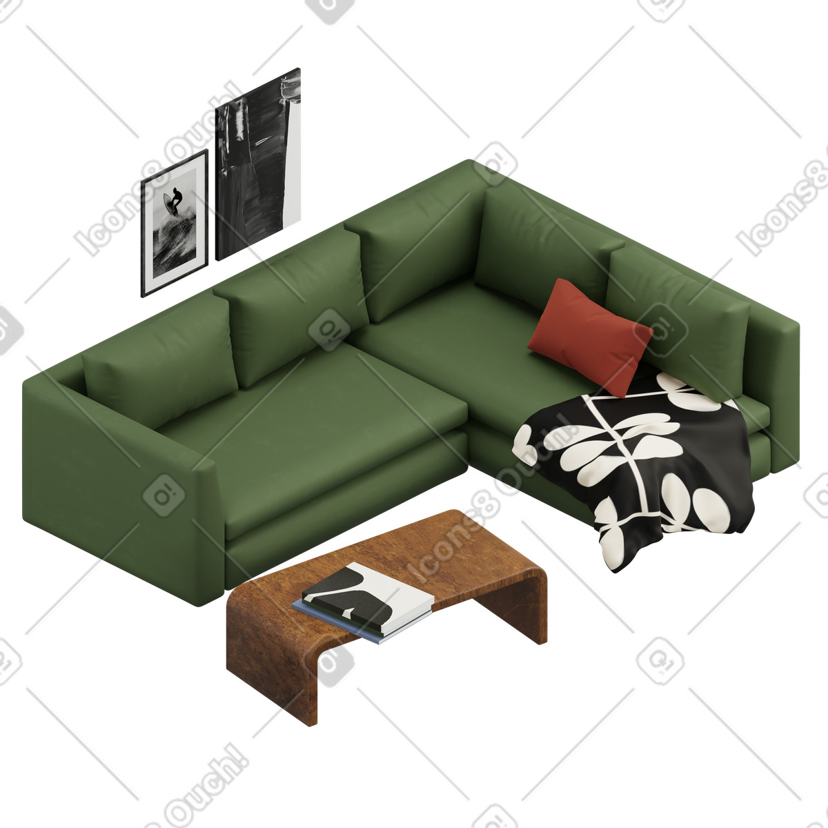 Illustration Canapé vert isométrique avec table basse dans le style 3D Rooms à télécharger aux formats PNG, SVG