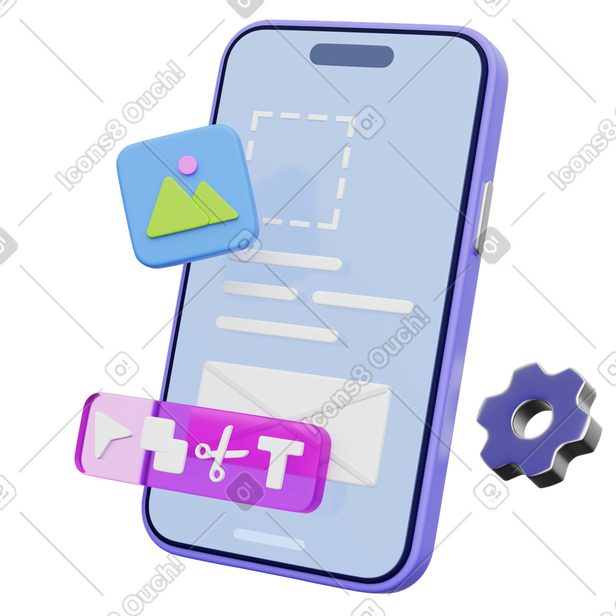下载 3D Playful 风格的 Smartphone ui editor concept with drag and drop design tools 插画，支持 PNG、SVG 格式