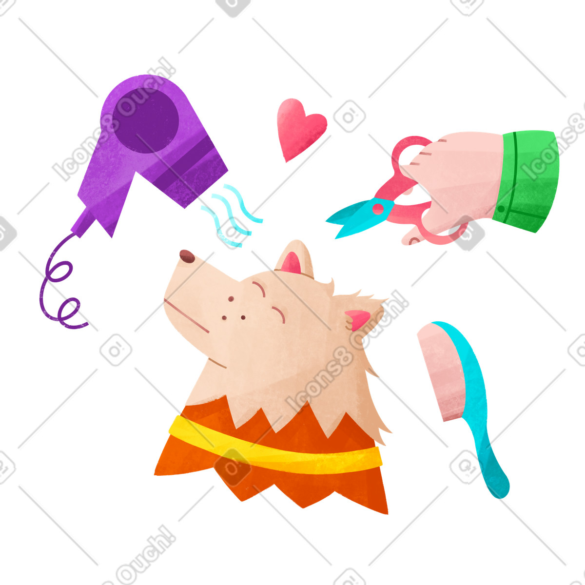 Dog grooming with comb scissors and hair dryer illustration in Bonbon style download in PNG, SVG