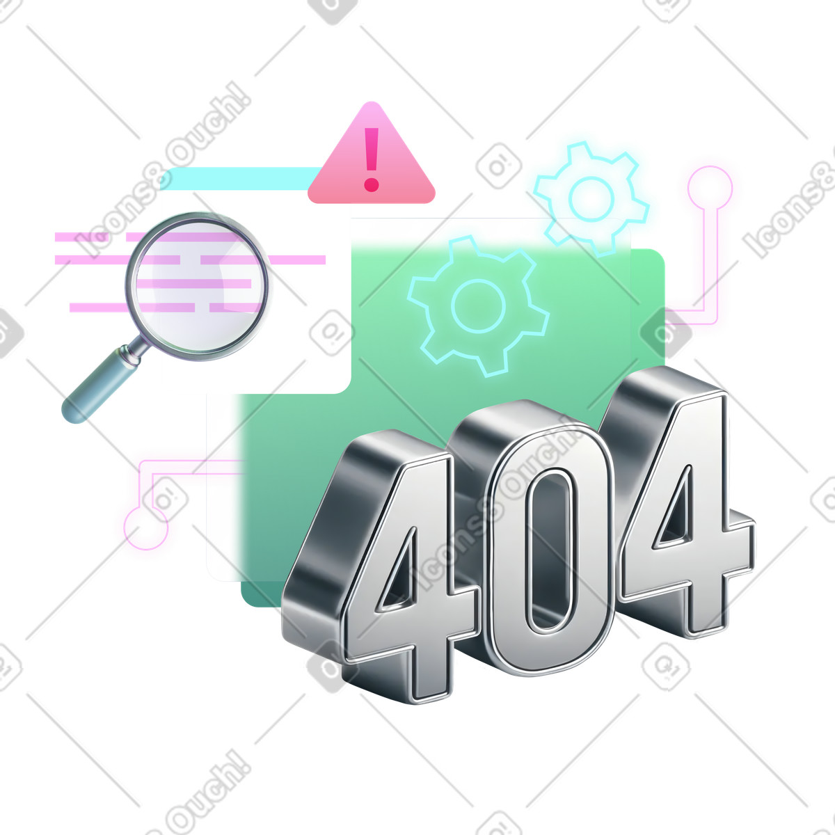 Chromed 스타일의 Metallic 404 numbers with gears and magnifying glass, Website page not found 일러스트레이션 PNG, SVG 다운로드
