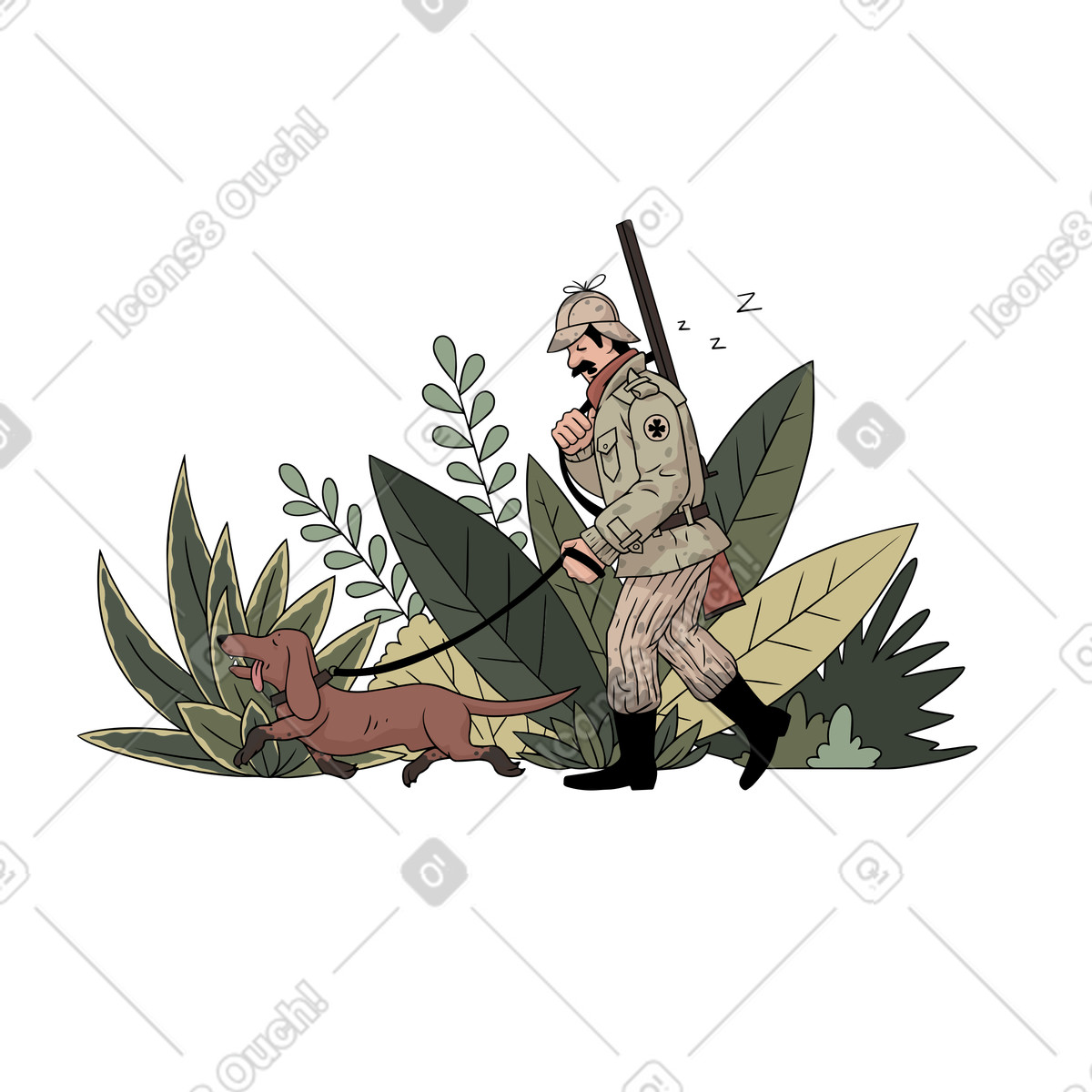 Ilustración Tired hunter walking dachshund, Unlucky hunting day en estilo Eastwood a descargar en PNG y SVG