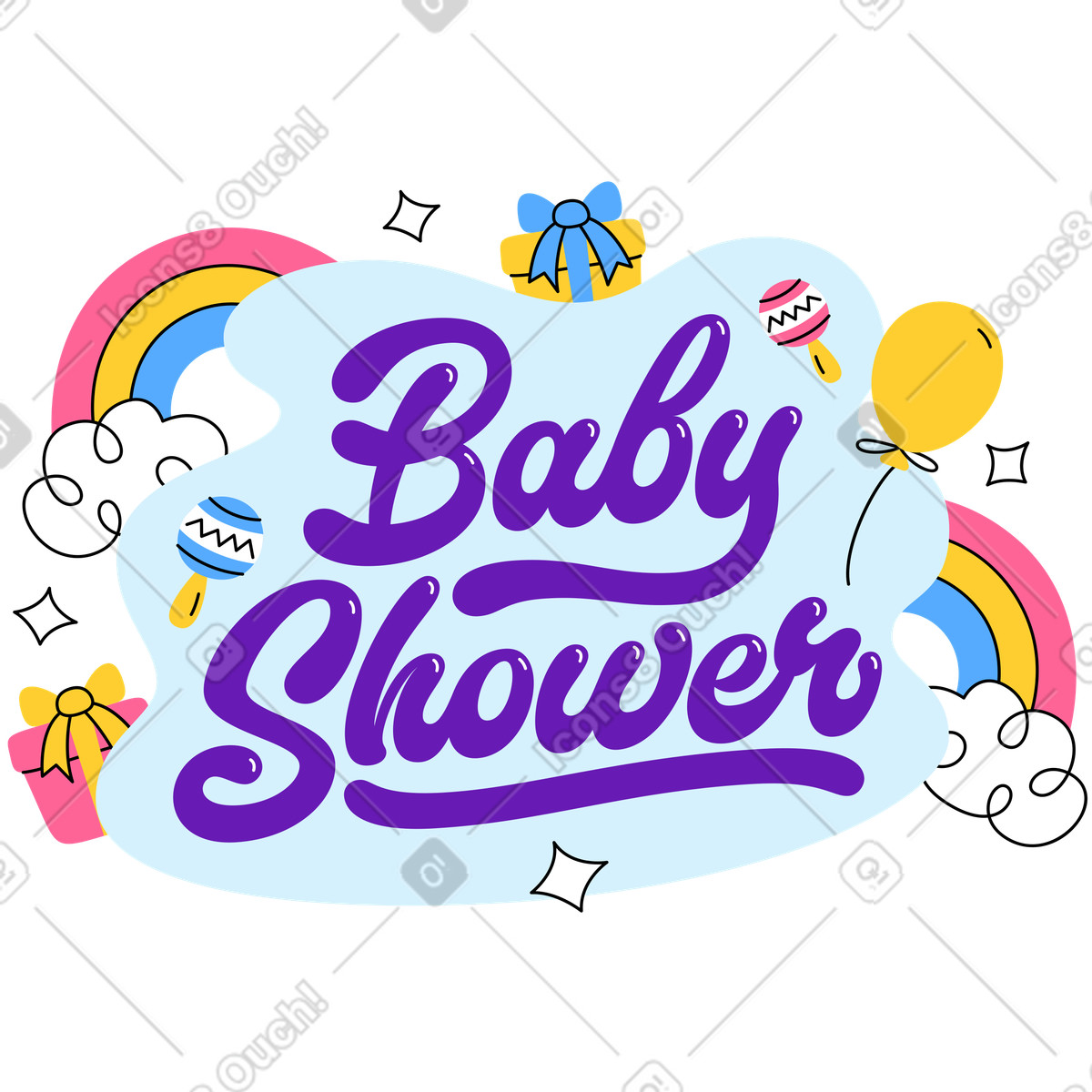 Ilustración Baby shower de letras con texto elementos decorativos en estilo Lettering a descargar en PNG y SVG